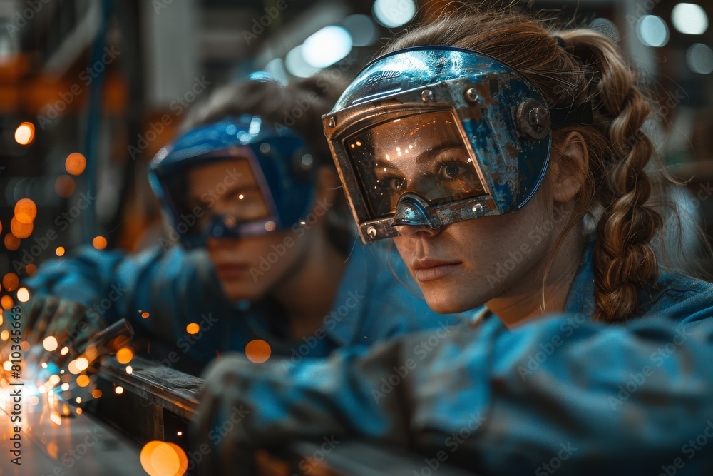 Action shot of a female welder attentively working on metal in a workshop, with bright sparks vividly flying around Action shot of a female welder attentively working on metal in a workshop, with bright sparks vividly flying around