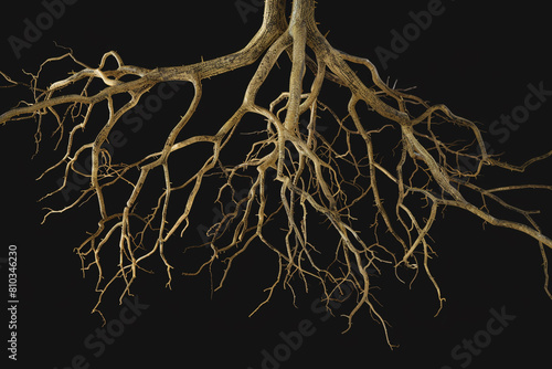 Moving growing roots on black background. Animation. Abstract animation of branching roots like live vines on black background