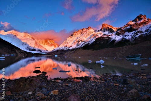 Magical sunrise at Laguna Torre with Cerro Torre (east face, highest point 3128 m) in the background (Los Glaciares National Park in Patagonia, Santa Cruz Province, Argentina) photo