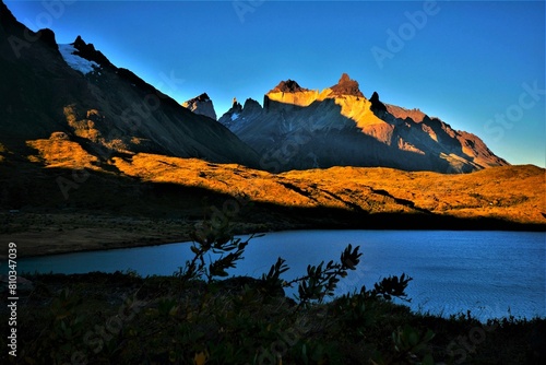 View of Cuernos del Paine from Lake Pehoé at dusk, Torres del Paine National Park (Magallanes Region, southern Chile) photo