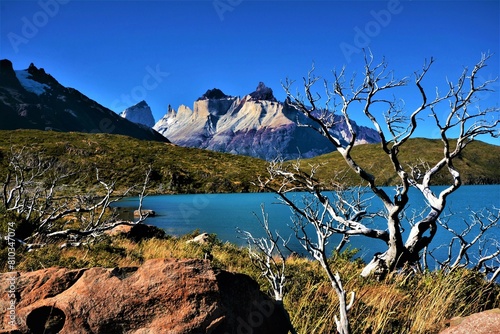 View of Cuernos del Paine from Lake Pehoé, Torres del Paine National Park (Magallanes Region, southern Chile) photo