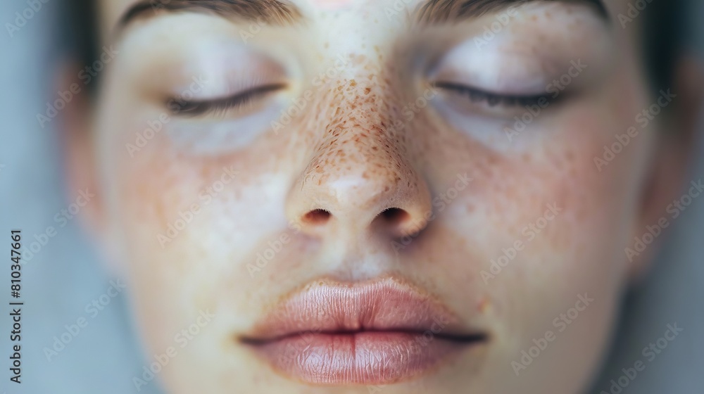 A close-up of a face with a peaceful expression. The eyes are closed and the lips are slightly parted. The person is calm and serene. A close-up of a face with a peaceful expression. The eyes are closed and the lips are slightly parted. The person is calm and serene.