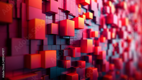 Modern Geometric 3D Artwork - Abstract Blocks in Vibrant Red Shades and Cubic Patterns Ideal for Corporate Design and Dynamic Backgrounds. 8k Wallpaper High-resolution digital art.