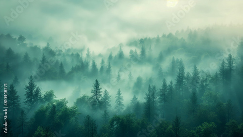 Ethereal Misty Forest Sunrise Scene with Shrouded Trees in Cool Green Tones-Perfect for Themes of Mystery and Tranquility, 8k Wallpaper High-resolution digital art.
