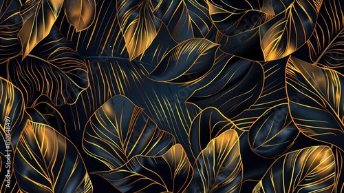 Tropical leaves wallpaper  luxury nature leaves pattern design  Golden banana leaf line art  hand drawn line design for fabric  print  cover  banner and invitation  vector illustration AI generated