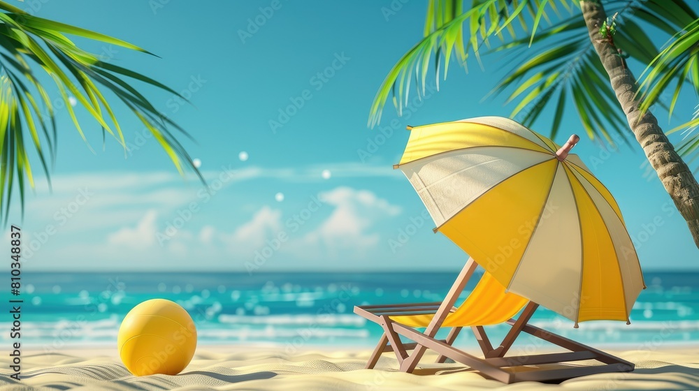 Vector Beach Chair, Yellow Umbrella and Ball, Summer holiday, Time to travel concept AI generated