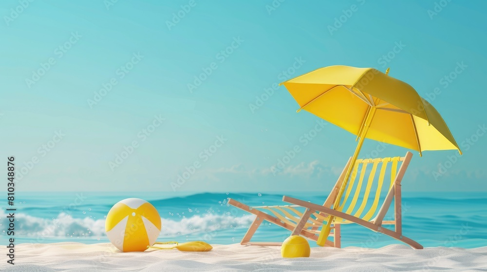 Vector Beach Chair, Yellow Umbrella and Ball, Summer holiday, Time to travel concept AI generated