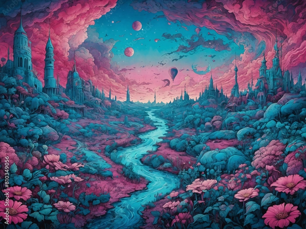 Illustration of a Surreal Dreamscape With Blue and Pink Hues, AI Generative
