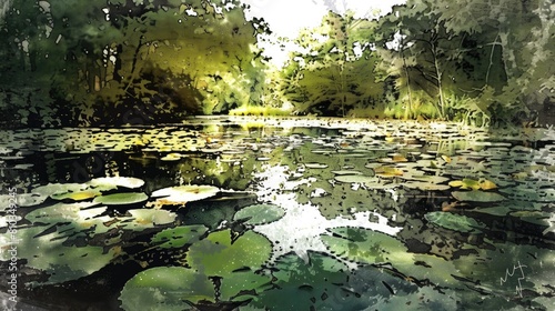 Water action photo of pond lily pad tall swamp trees drawing art AI generated