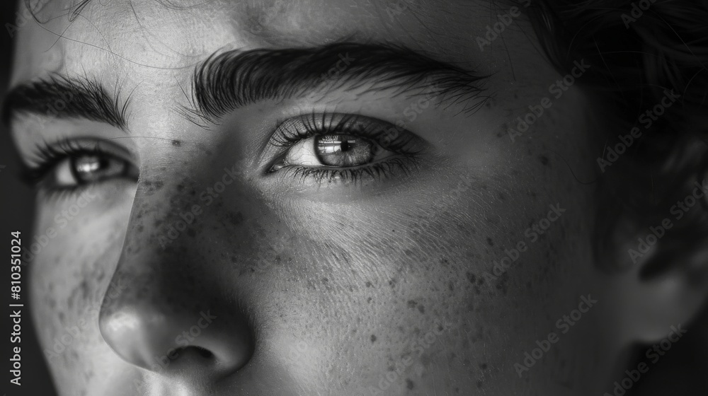 Fototapeta premium A close-up of a face with a thoughtful expression. The eyebrows are furrowed and the lips are pursed. The person is thinking deeply and contemplating.