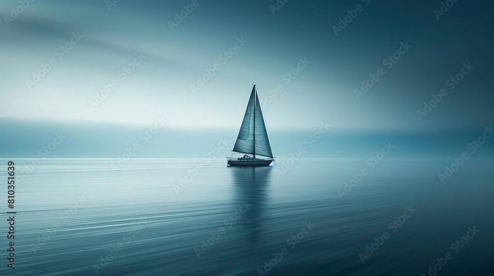 Design a striking long shot of a single sailboat in a vast ocean Ensure the minimalist style conveys a sense of isolation yet freedom Use a monochromatic palette of blues to enhanc