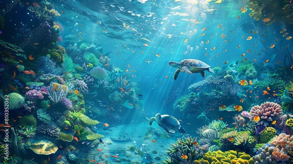 Obraz premium Illustrate a mesmerizing underwater world teeming with colorful coral reefs