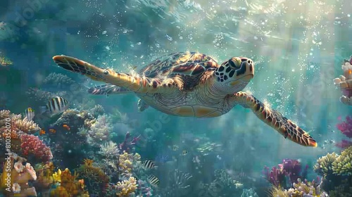 Illustrate a mesmerizing underwater world teeming with colorful coral reefs