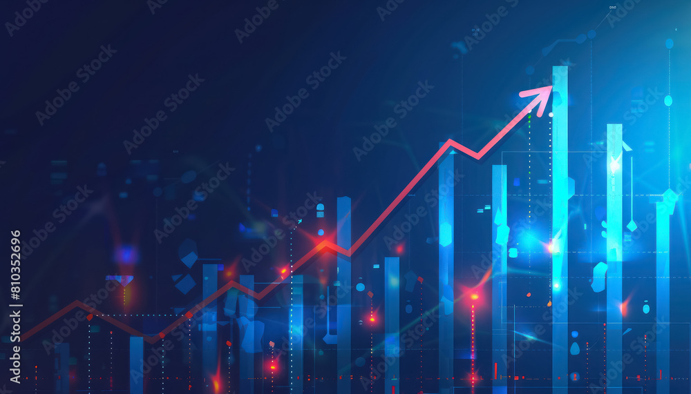 Glowing blue financial growth chart with glowing red arrow Glowing blue financial growth chart with glowing red arrow