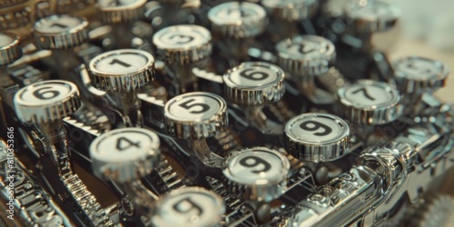 Retro Precision: Hyper-stylized macro view of a vintage adding machine, capturing intricate details and mechanical artistry