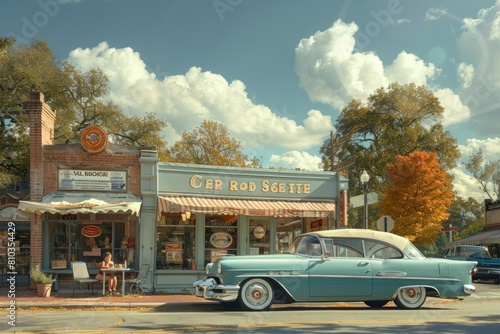 A blue car is parked in front of a building with a sign that says Car Rad Seats