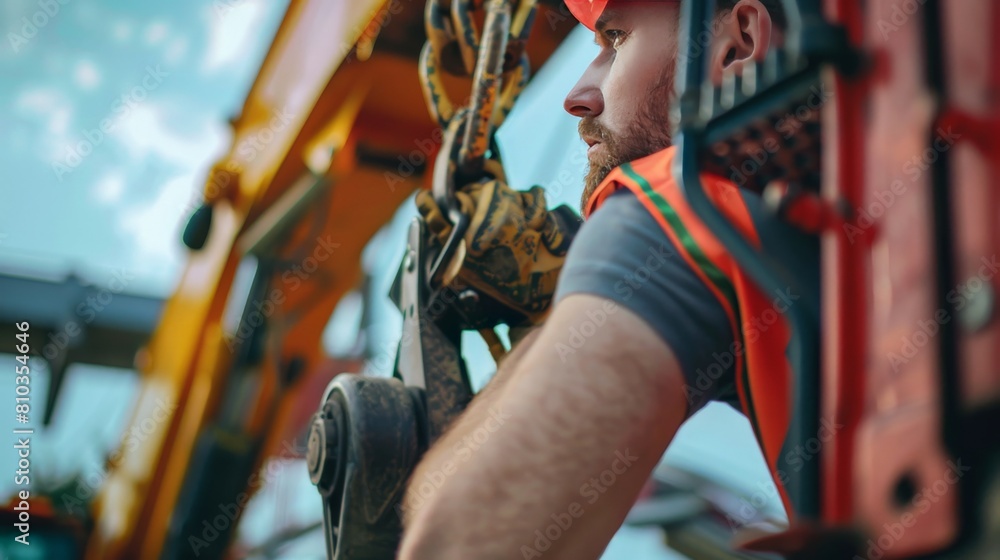 Obraz premium A close-up of a worker's face, operating a crane. The worker is wearing a safety vest and is focused on the task at hand.