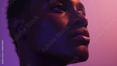 Close-up of an LGBTQ individual gazing thoughtfully into the distance, with a gentle spotlight