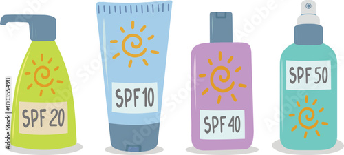 A set of sunscreens.A set of tubes for sunscreen moisturizer. Vector illustration.