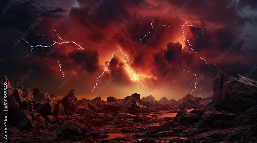 An intense and dramatic storm over a rocky and volcanic landscape