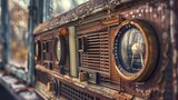 Waterlogged Nostalgia: Vintage radio with a dial adorned in water droplets, a weathered relic of auditory memories