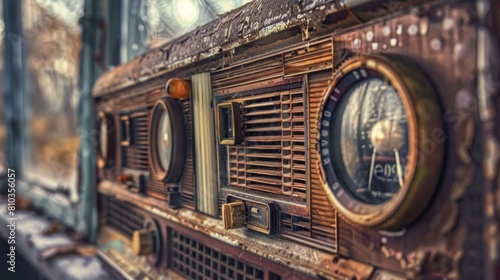 Waterlogged Nostalgia: Vintage radio with a dial adorned in water droplets, a weathered relic of auditory memories photo
