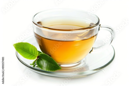 Glass cup of hot aromatic tea on white background.i solate