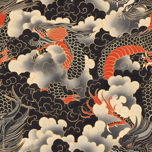 seamless pattern of Japanese ukiyo-e hand drawing illustration of ancient fire dragon soaring above rolling clouds for fabric design, art print, textiles, wallpaper, and more