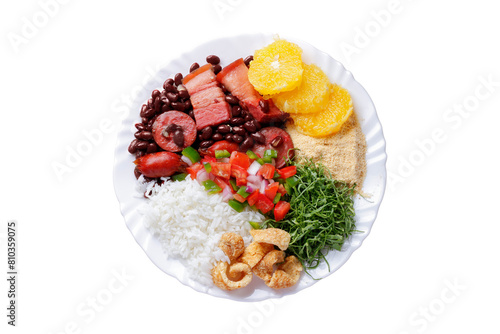 Brazilian feijoada, traditional food from Brazil cuisine, on ceramic plate isolated white background