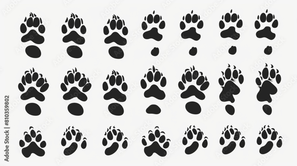 Animals paw prints. Cartoon mammal footprints, black bird foot. Wild animal feet silhouette. Foot paws track tiger, cat and dog trace. Pets trails. 3D avatars set vector icon, white background, black 