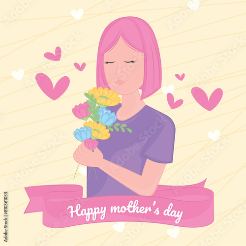 Cute girl character holding flowers Happy mother day Vector illustration