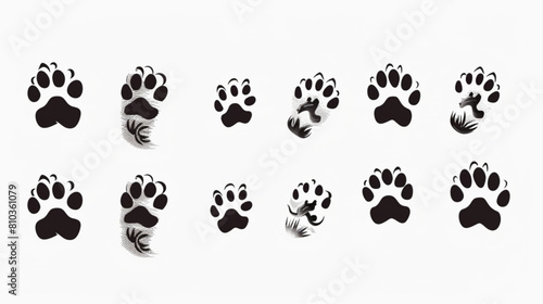 Animals footprints. Prints animal bird paw  wildlife foot icon  domestic pets footstep silhouette  print hoofed feet  black amphibia feet track 3D avatars set vector icon  white background  black colo