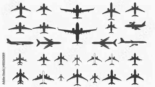 Airplane icons. Aircraft silhouettes flying jet  motor plane and drone military and commercial aviation pictogram. Aeroplane top view  air vehicles vector set 3D avatars set vector icon  white backgro