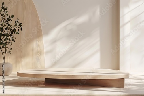 wooden product podium on beige background with sunray from windows