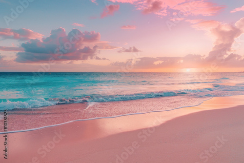Beautiful beach with pink sand and calm sea water at sunset in Aruba island, Caribbean ocean landscape background.