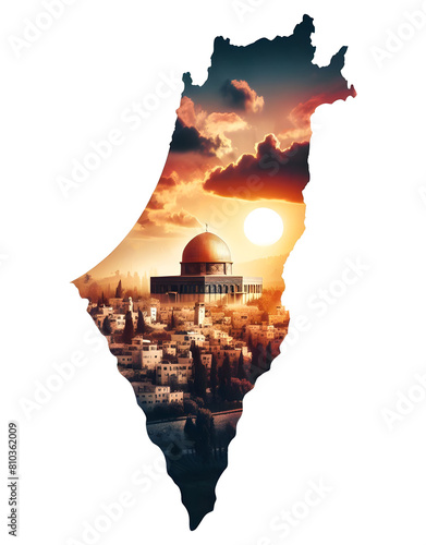 Silhouette of a Palestine map with a sunset in the background and Inside the map is the Dome of the Rock and Al Aqsa Mosque. Palestine Map illustration