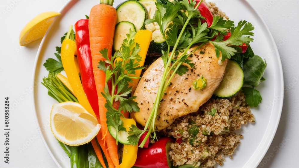 A nutritious plate featuring a grilled salmon fillet atop a bed of colorful, flavorful quinoa and mixed vegetables.  Side of steamed asparagus, and a small portion of refreshing mixed berries.