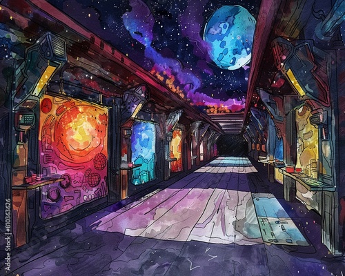 Relic exhibition at a space carnival, starship deck transformed with colorful booths, twilight, wide lens, immersive setting, watercolor, hand drawing © Rich4289