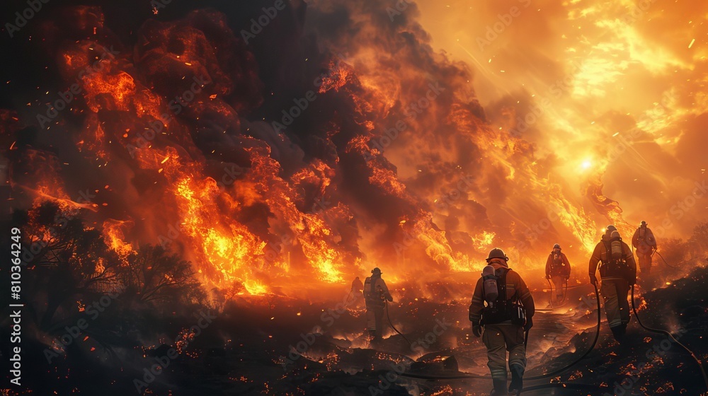 Illustrate a surreal long shot scene of firefighters strategically combating a raging fire in a fantastical landscape