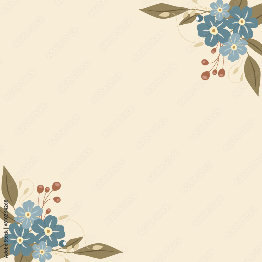 Dekoracyjne beżowe tło z niezapominajkami. Kwiatowy wzór, elegancka ozdoba na kartki z życzeniami do wykorzystania na Dzień Matki, wesele, rocznice lub inną uroczystość.