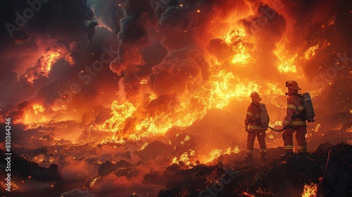 Illustrate a surreal long shot scene of firefighters strategically combating a raging fire in a fantastical landscape