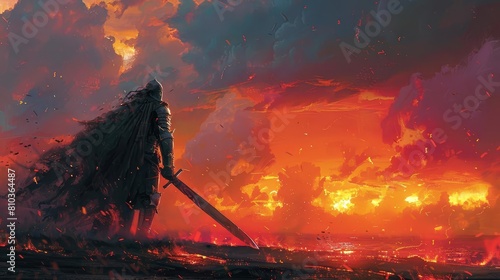 Illustrate a traditional side view warrior wielding a sword, clad in gleaming chainmail and a weathered shield, set against a dramatic sunset backdrop photo