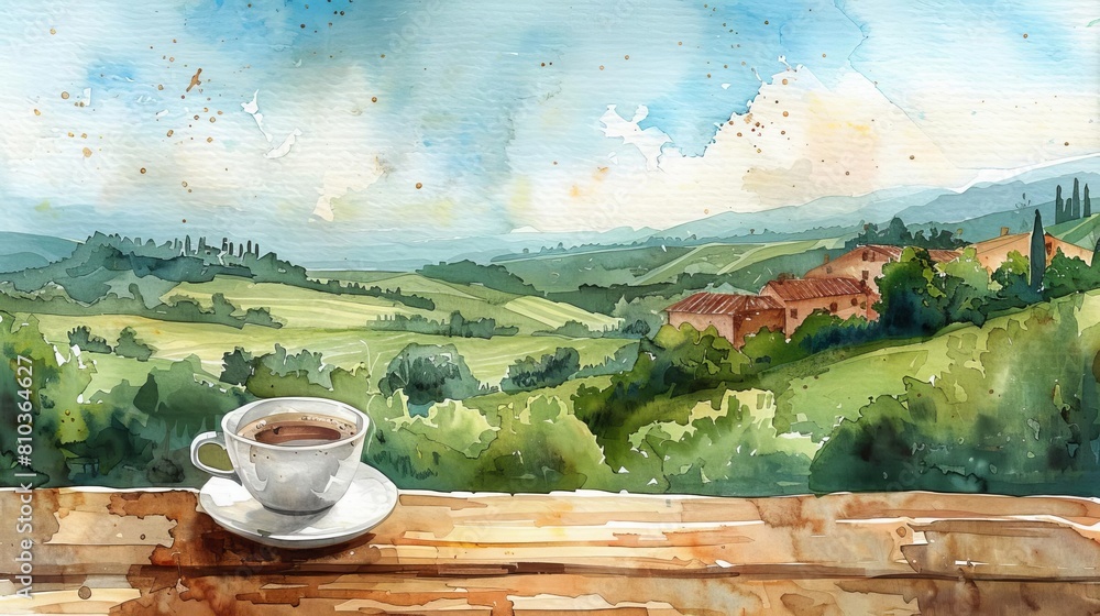 Illustrate an espresso cup perched on a wooden table against a panoramic backdrop of a serene Italian countryside Utilize watercolors to blend earthy tones seamlessly Illustrate an espresso cup perched on a wooden table against a panoramic backdrop of a serene Italian countryside Utilize watercolors to blend earthy tones seamlessly