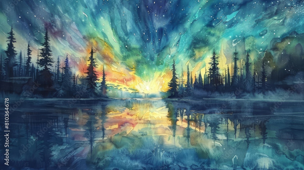 Illustrate the breathtaking beauty of the Aurora Borealis in a hyper-realistic watercolor artwork Illustrate the breathtaking beauty of the Aurora Borealis in a hyper-realistic watercolor artwork