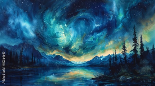 Illustrate the breathtaking beauty of the Aurora Borealis in a hyper-realistic watercolor artwork