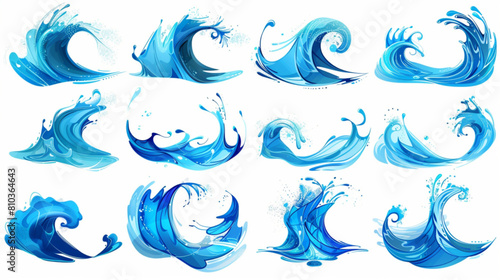Blue ocean waves. Abstract sea silhouette wave icon. Marine decorative splashes, spray, splatter water sign. Tsunami, nautical tide, storm and weather on ocean. 3D avatars set vector icon, white backg