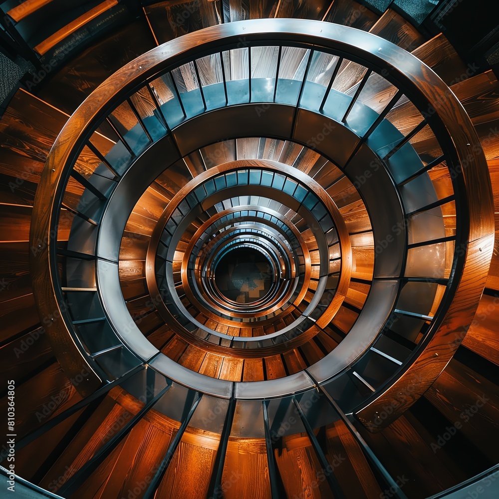 An overhead shot of a spiral staircase with warm lighting.