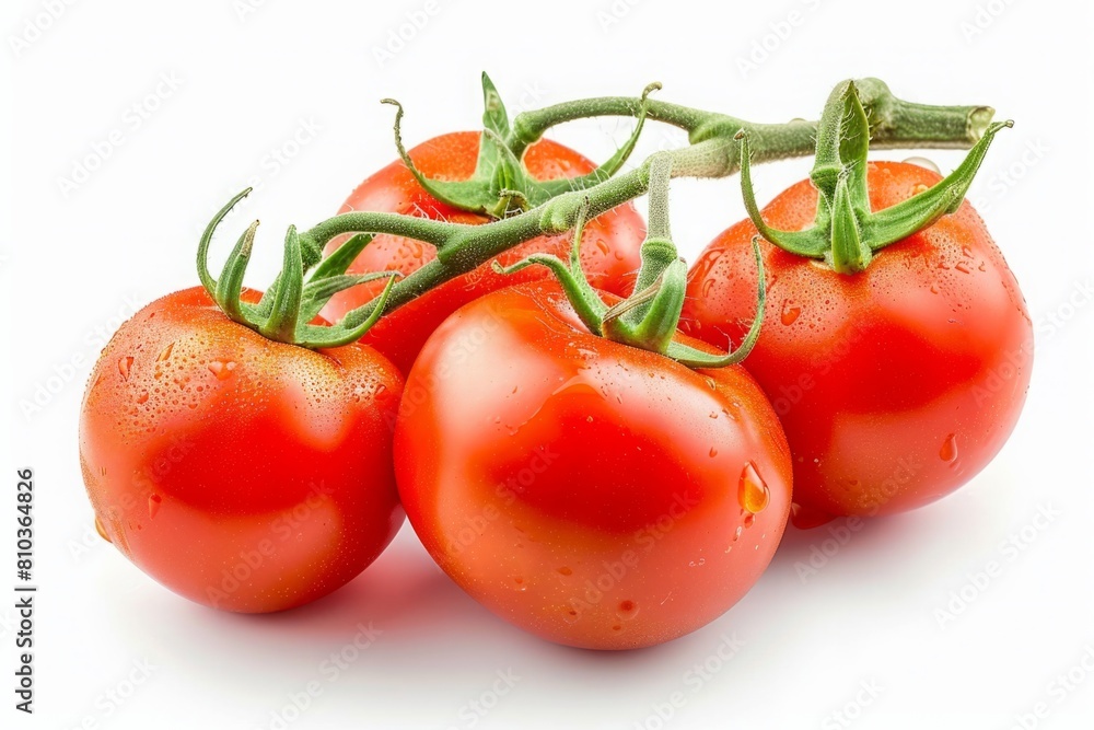 four ripe tomatoes on a branch with droplets of water, on a white background, isolate four ripe tomatoes on a branch with droplets of water, on a white background, isolate