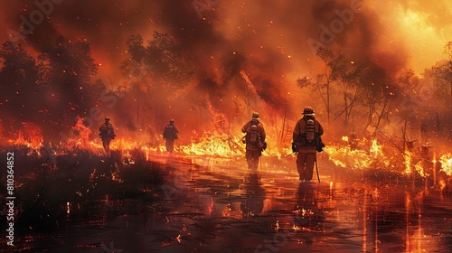 Produce a detailed long shot image of a controlled burn operation where firefighters strategically set fires to prevent larger blazes