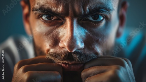 A portrait of a man with a thoughtful expression. His eyebrows are furrowed and his lips are pursed. He is thinking deeply and contemplating. photo